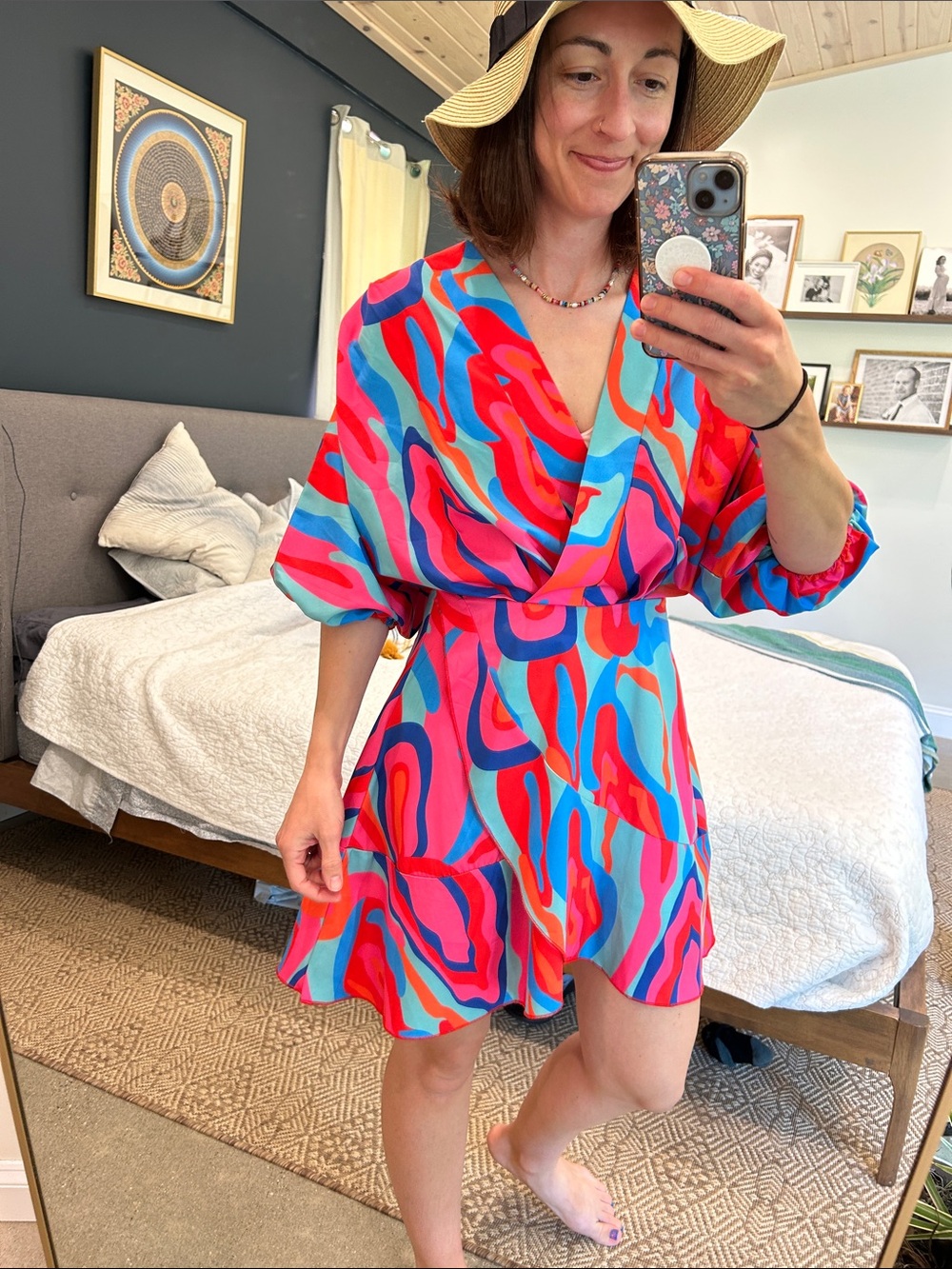 SHEIN Bright Swirl-Print Wrap Dress in Pink, Blue, Red